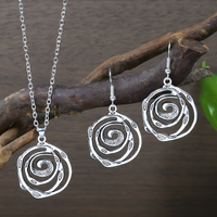 Boho Ethnic Spiral Jewelry Set for Women – Antique Silver Hollow-Out Pendant 676