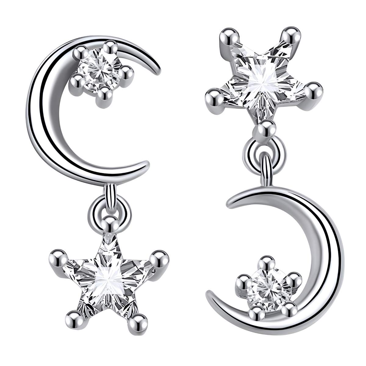 Moon And Star Crystal Stud Earrings Women Aluminium Alloy Metal Asymmetric  1060