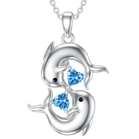 Sterling Silver Plated Double Dolphin Kiss Necklace for Women Romantic Blue B178