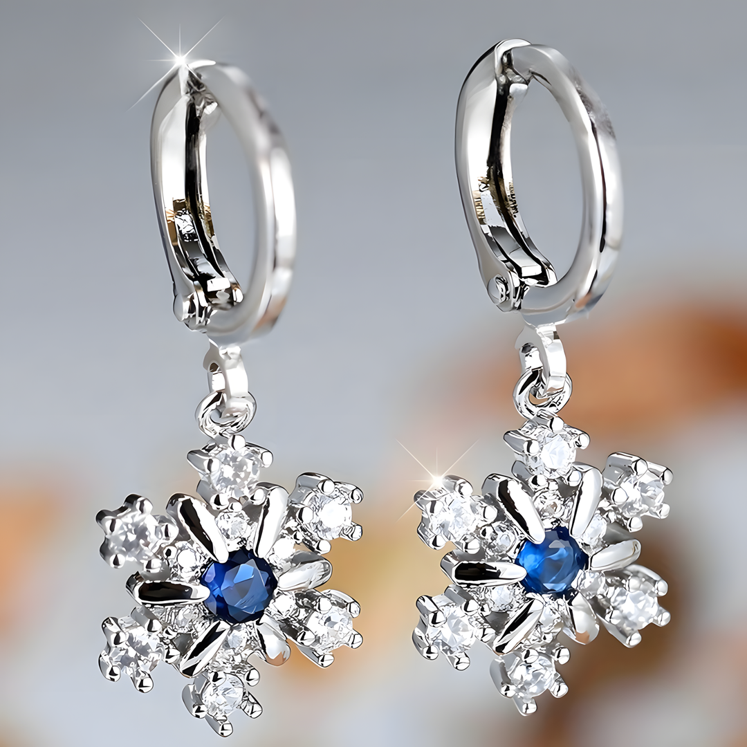 Women's Dangle Hoop Earrings, Blue Zircon Snowflake Drop, Silver Color 665