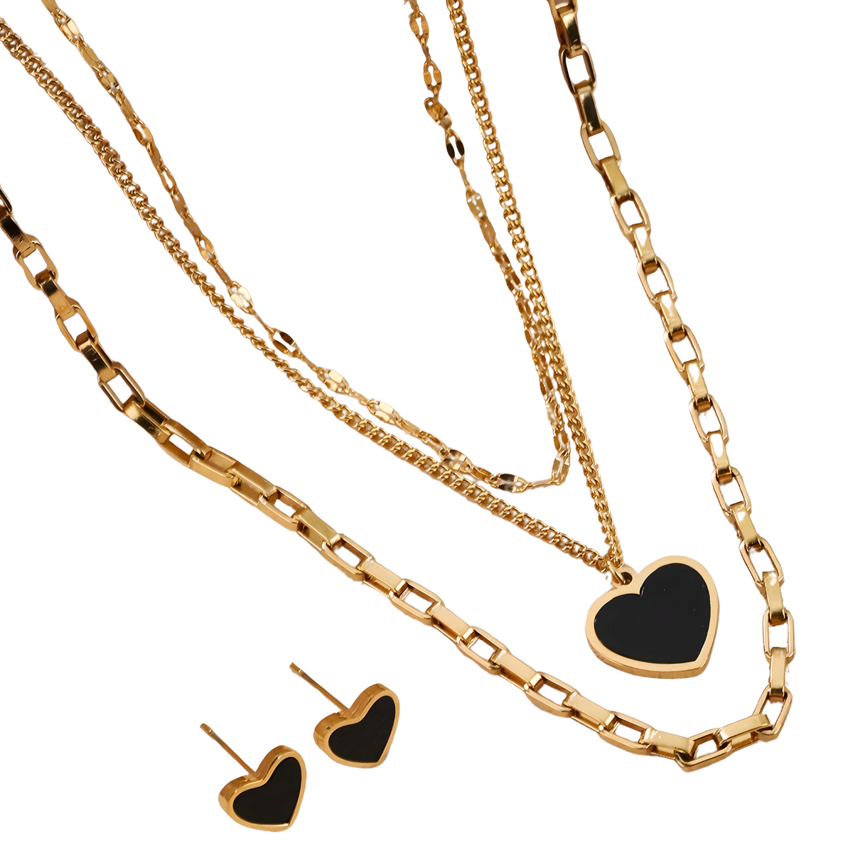 3PCS Stainless Steel Black Heart Necklace Earrings Set MultiLayer Gold Chain 718