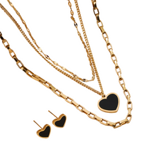 3PCS Stainless Steel Black Heart Necklace Earrings Set MultiLayer Gold Chain 718
