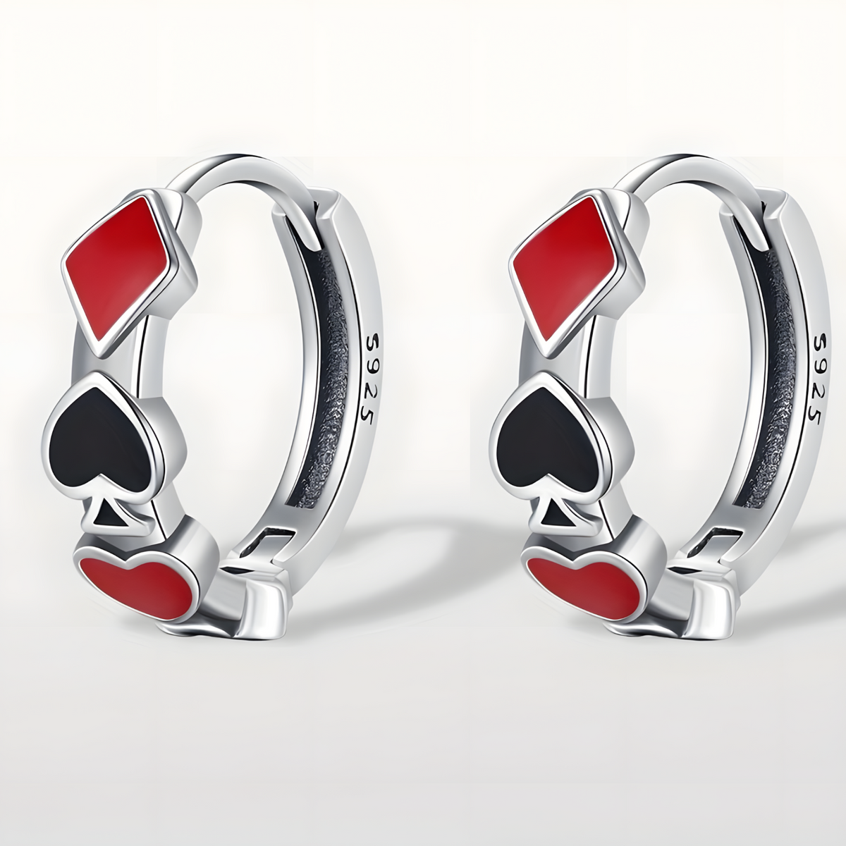 925 Sterling Silver Heart & Spade Hoop Earrings Women Red & Black Enamel 837