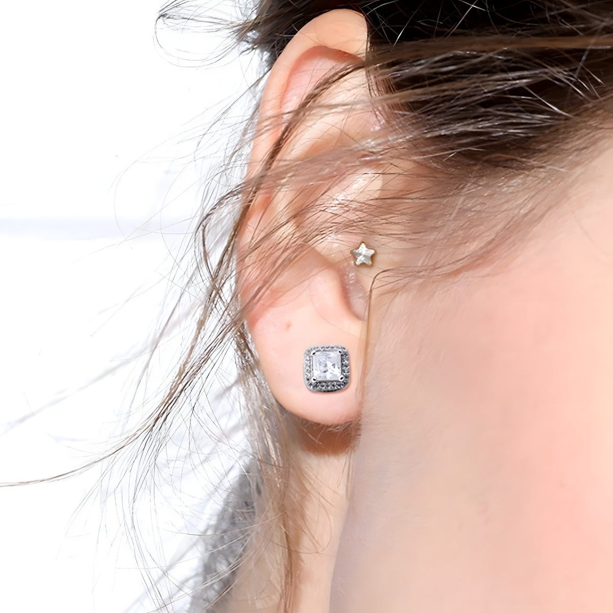 Sterling Silver Princess Cut Cubic Zirconia Stud Earrings Halo Setting 338