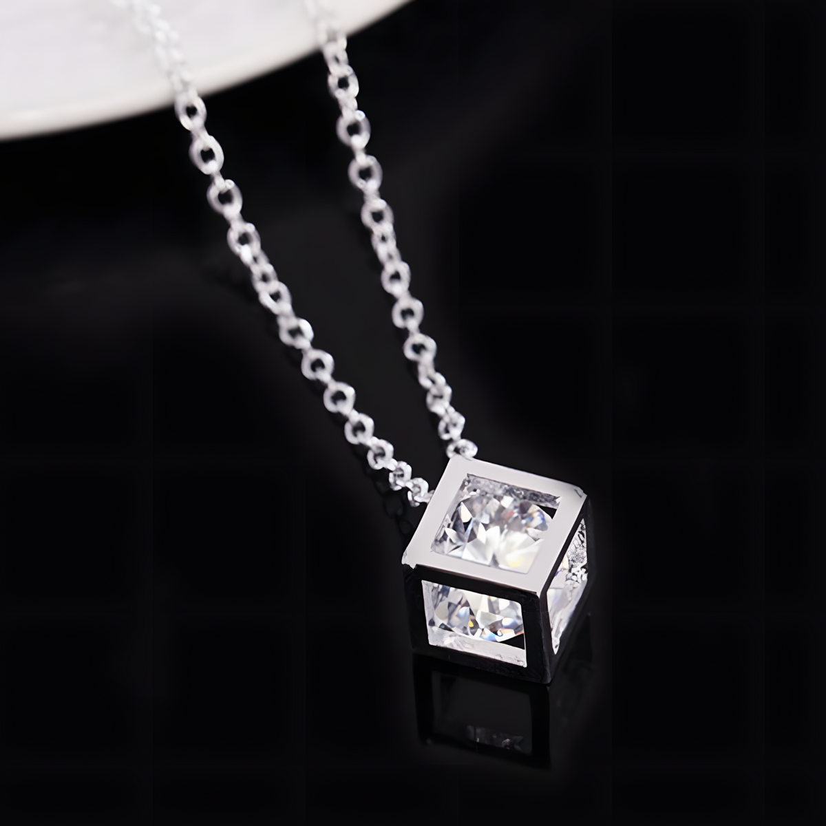 Silver-Plated Geometric Cube Necklace Women – Zircon Crystal Pendant, Link 839