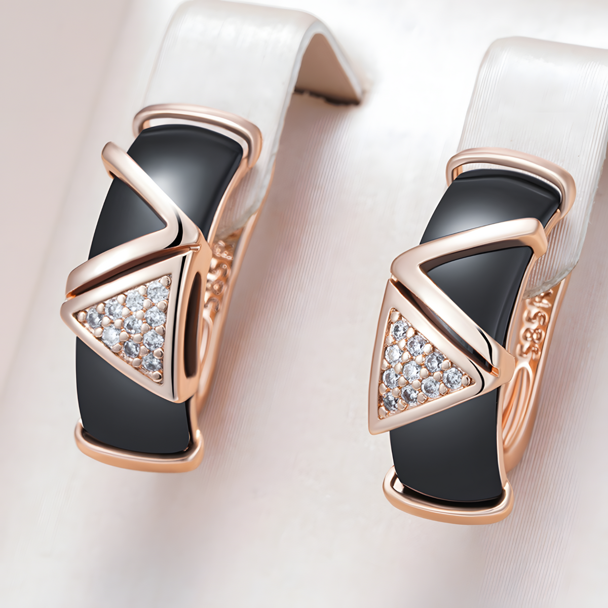 585 Rose Gold Colour Drop Earrings for Women, Copper Metal Black Ceramic 1297