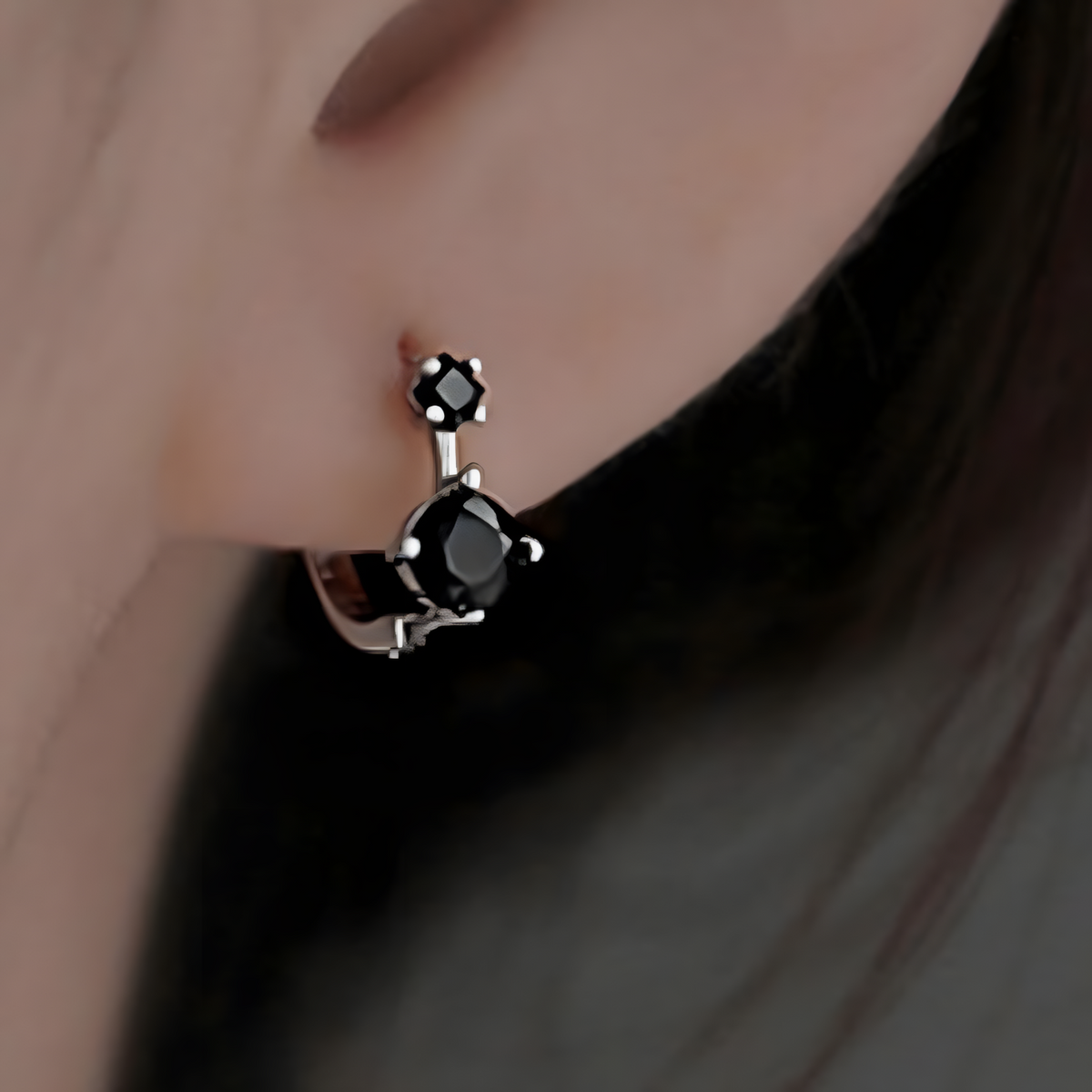 925 Silver-Plated Black Zircon Hoop Earrings for Women Geometric Dual Stone 921