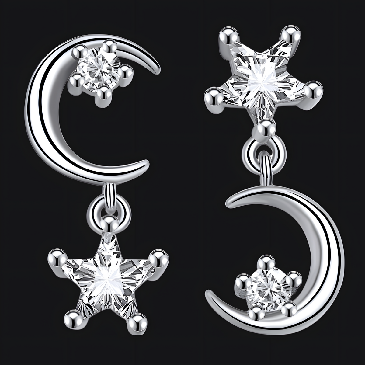 Moon And Star Crystal Stud Earrings Women Aluminium Alloy Metal Asymmetric  1060