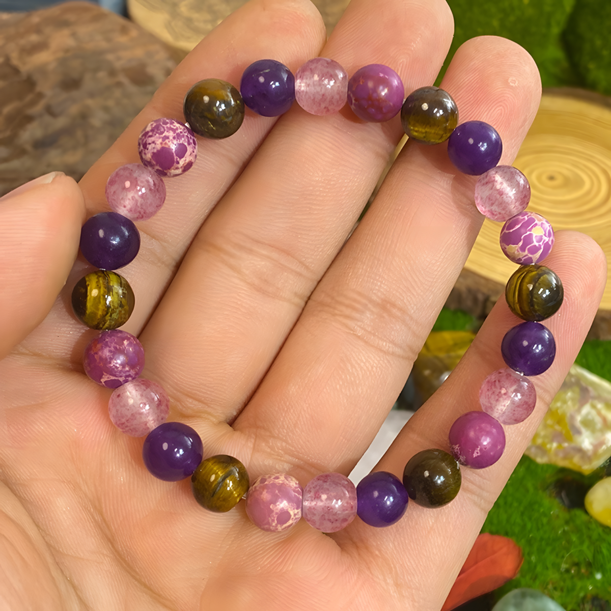 Anxiety Beaded Bracelet Tiger Eye & Rose Quartz, Stress Reduction Calming 1403