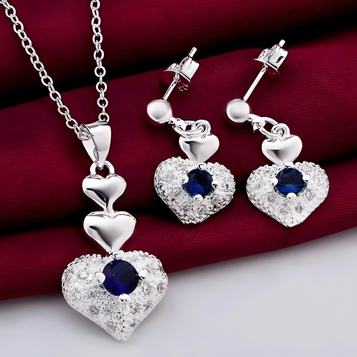 Silver Plated Copper Alloy Heart Jewellery Set For Women, Blue Rhinestone 1706