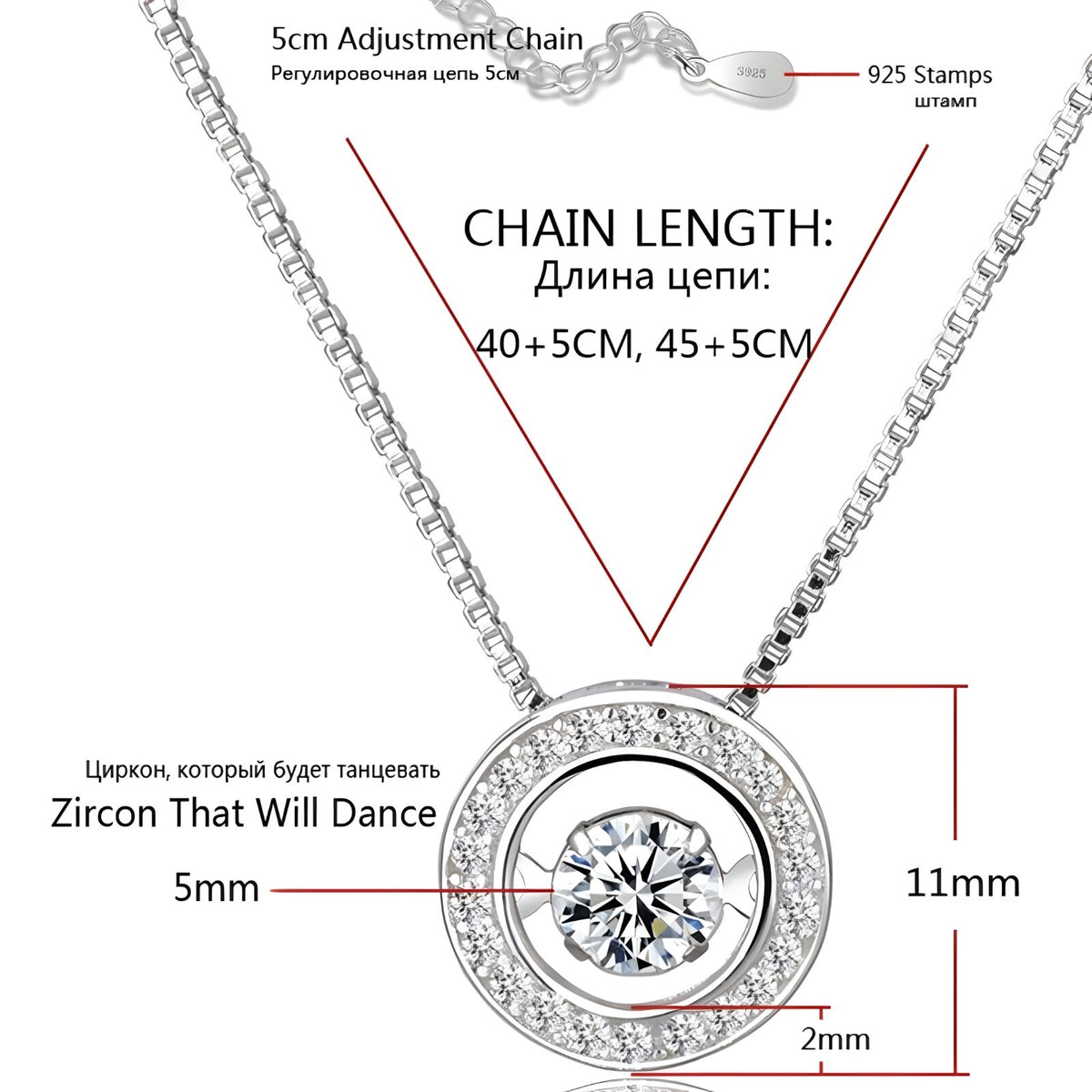 925 Sterling Silver Jewelry Round Zircon Pendants Necklaces Women Fine Semi 267