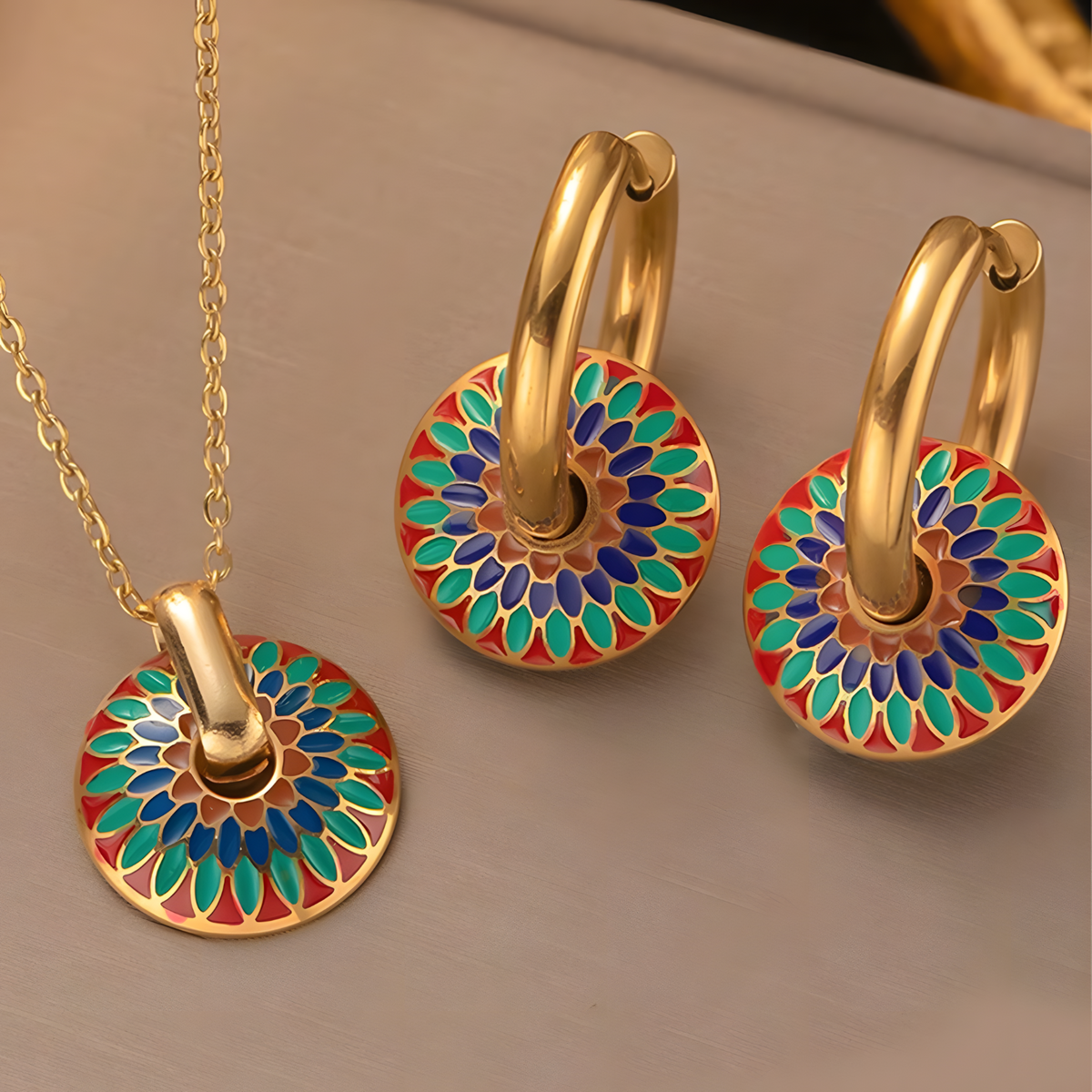 Gold Tone Painted Chrysanthemum Necklace and Hoop Earrings Set, Colourful 1725