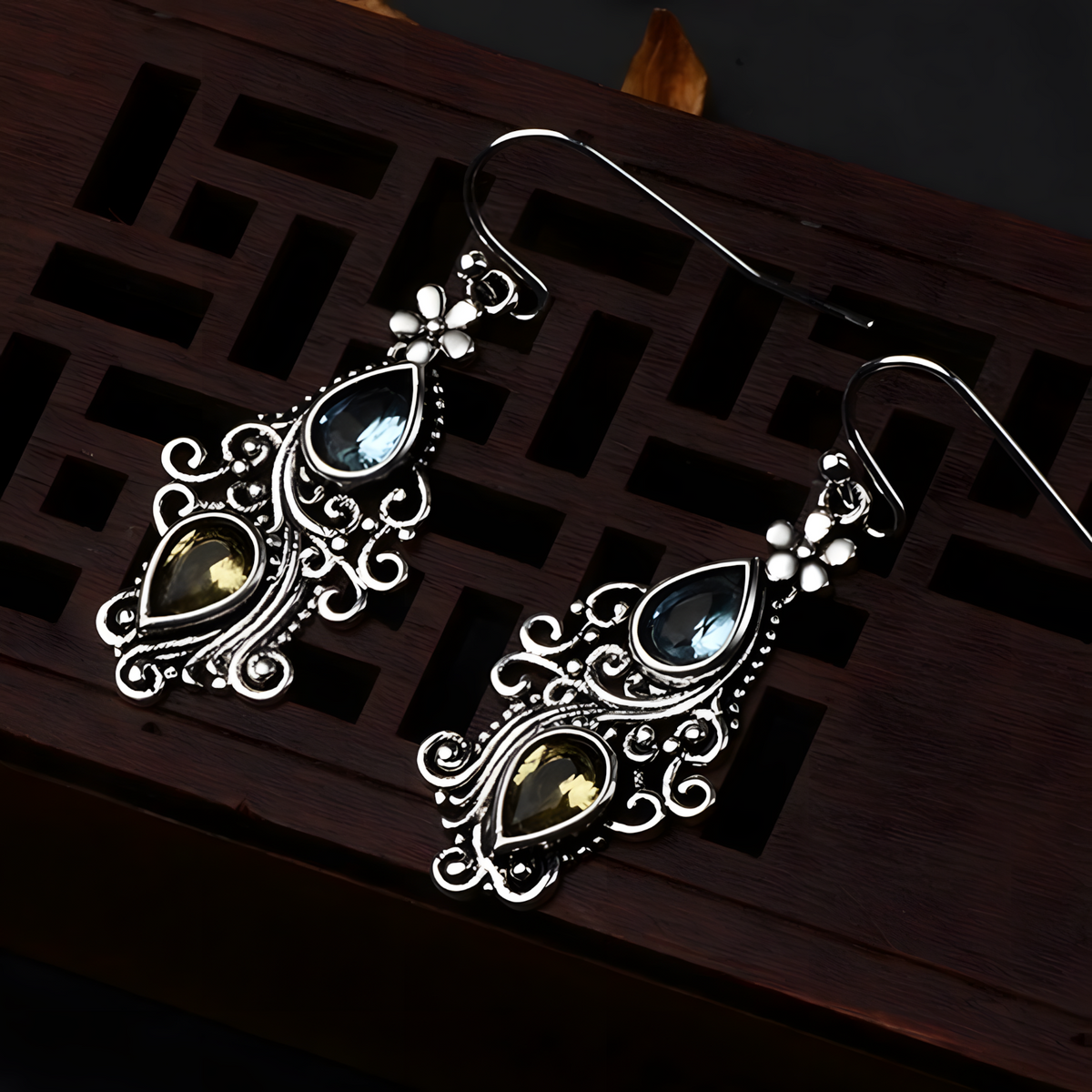 Vintage Floral Drop Earrings Women – Dual Teardrop Gemstone Dangle Earrings 548