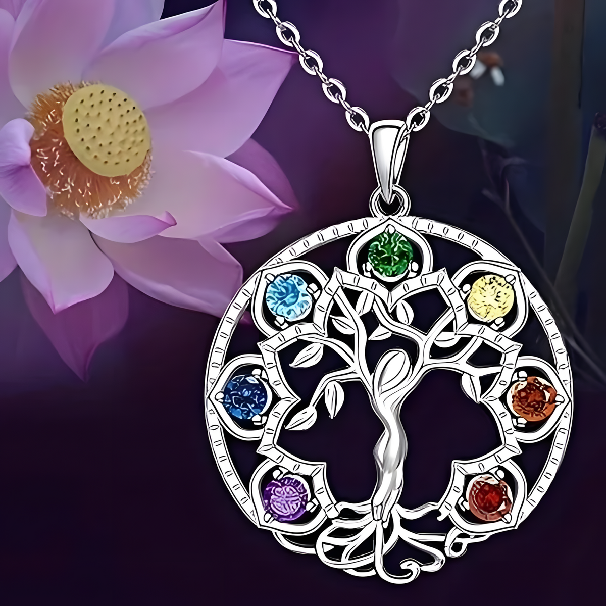 7 Chakra Tree of Life Pendant, Silver Plated Yoga Healing Stone Necklace B152