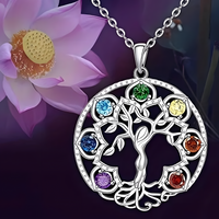 7 Chakra Tree of Life Pendant, Silver Plated Yoga Healing Stone Necklace B152