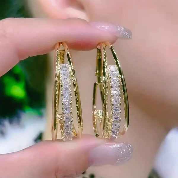 3-layer Shiny Rhinestone Decor Hoop Earring Retro Elegant Style Zinc Alloy 39 UK