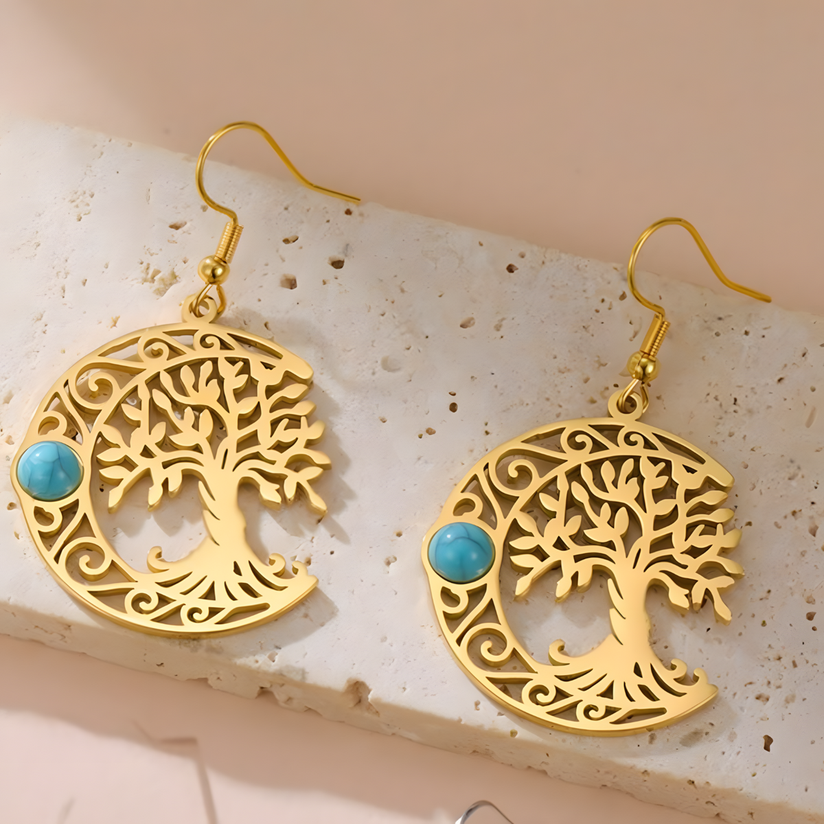 Filigree Tree of Life Dangle Earrings for Women, Crescent Moon Earrings B172