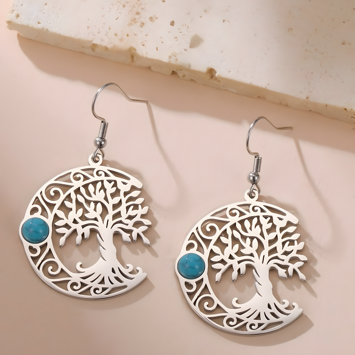Filigree Tree of Life Dangle Earrings for Women, Crescent Moon Earrings B171