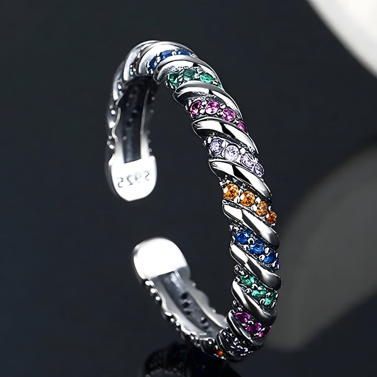925 Sterling Silver Adjustable Ring, Colorful CZ Stone Ring, Twisted Rope 374