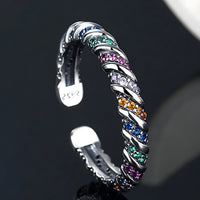 925 Sterling Silver Adjustable Ring, Colorful CZ Stone Ring, Twisted Rope 374