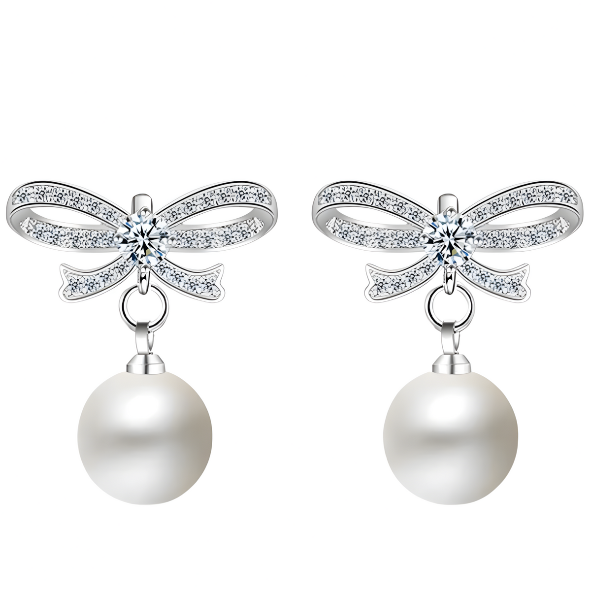 925 Sterling Silver Crystal Bow Pearl Drop Earings Dangle Earrings, Elegant 324