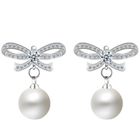 925 Sterling Silver Crystal Bow Pearl Drop Earings Dangle Earrings, Elegant 324