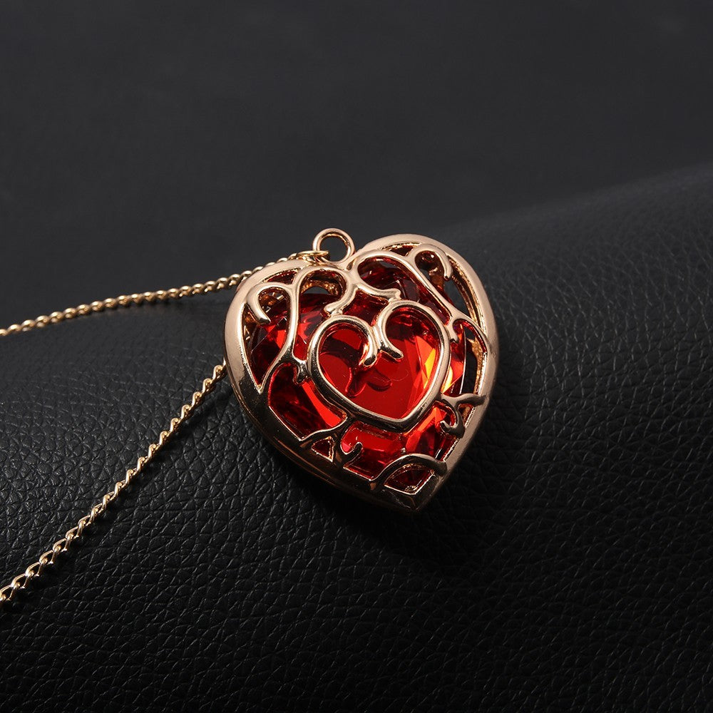 Red Heart Rose Pendant Necklace — Faceted Red Crystal Heart with Sculpted 1321