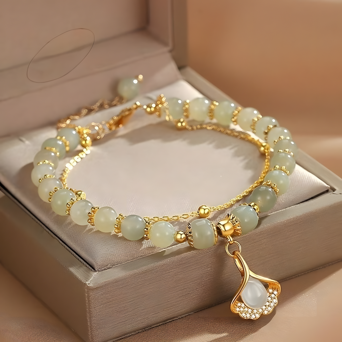 Unified Jewellery Green Beaded Ginkgo Leaf Charm Layered Bracelet 1900