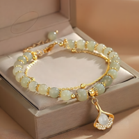 Unified Jewellery Green Beaded Ginkgo Leaf Charm Layered Bracelet 1900