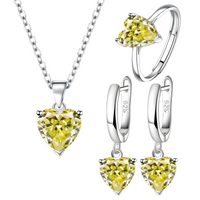 925 Sterling Silver Yellow Heart Crystal Necklace Earrings Ring Set B32