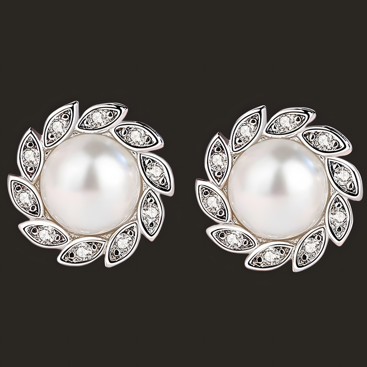 Sterling Silver Pearl Stud Earrings Women - 925 Silver Leaf-Inspired Crystal 310