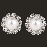 Sterling Silver Pearl Stud Earrings Women - 925 Silver Leaf-Inspired Crystal 310