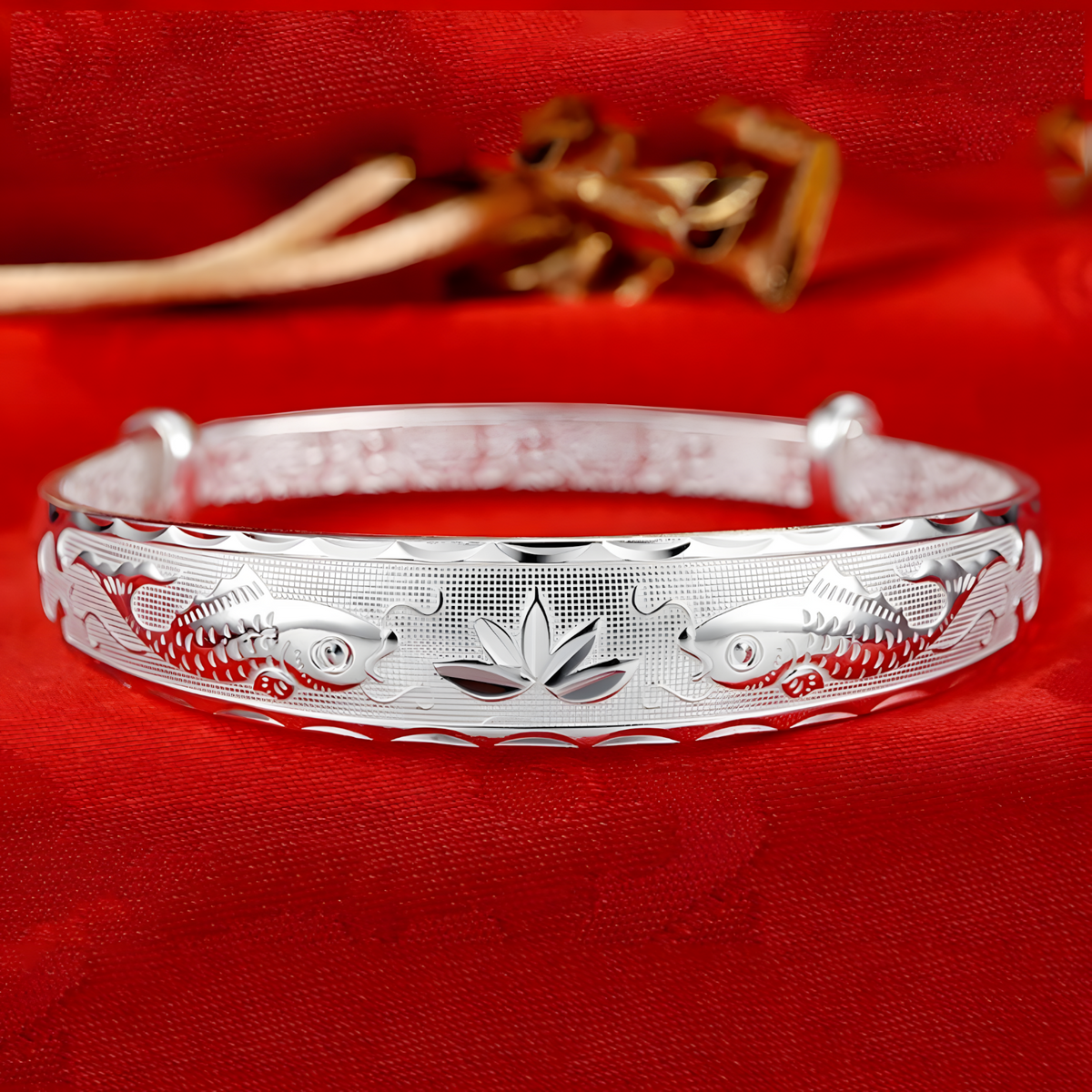 Lotus Fish Pattern Open Bangle Bracelet For Women Adjustable Cuff Wide Text 1771