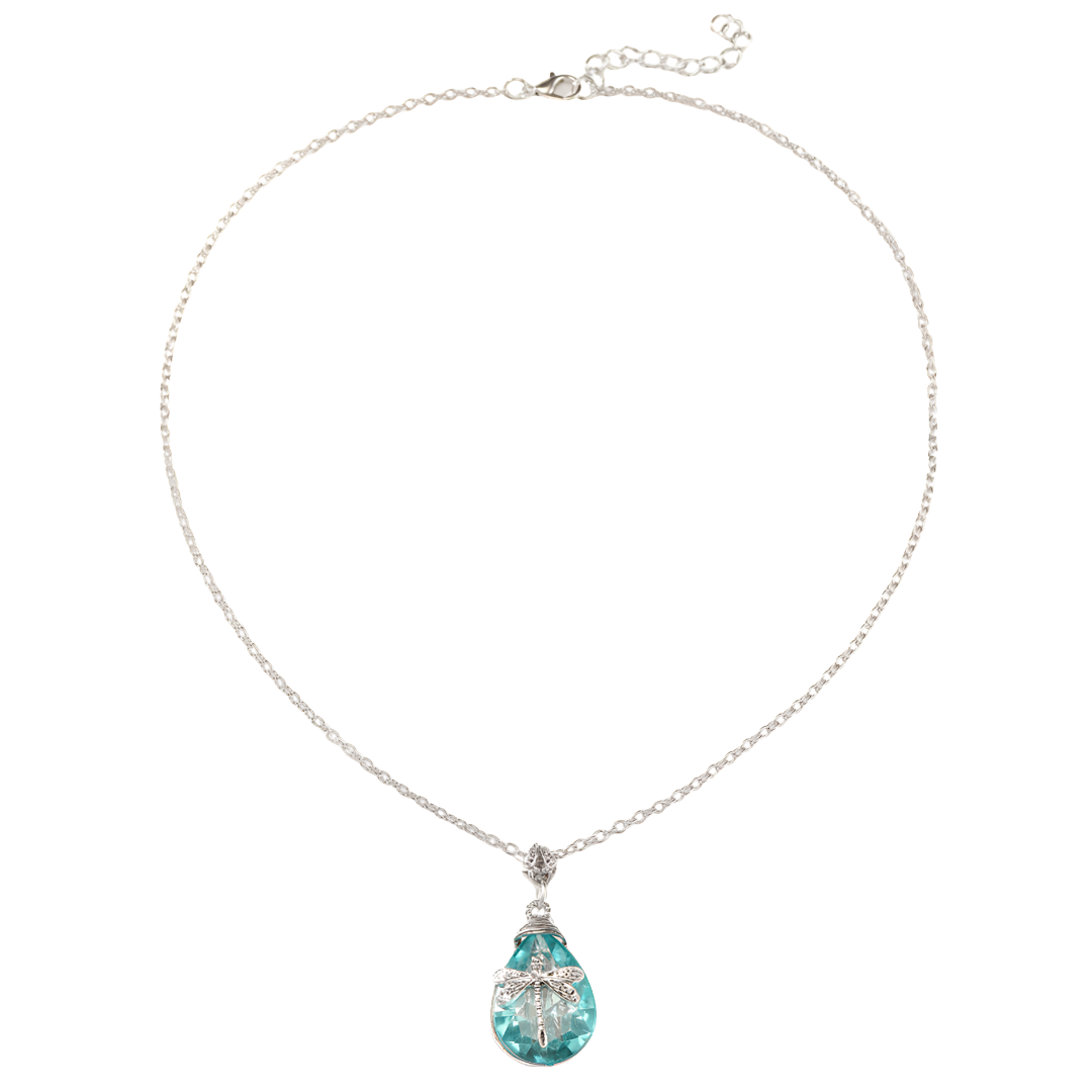 Dragonfly Teardrop Crystal Necklace For Women Silver Tone Aqua Blue Pendant B353