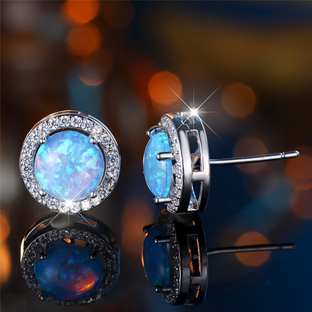 Blue Opal Stud Earrings for Women – Round Halo Cubic Zirconia Design, Copper 999