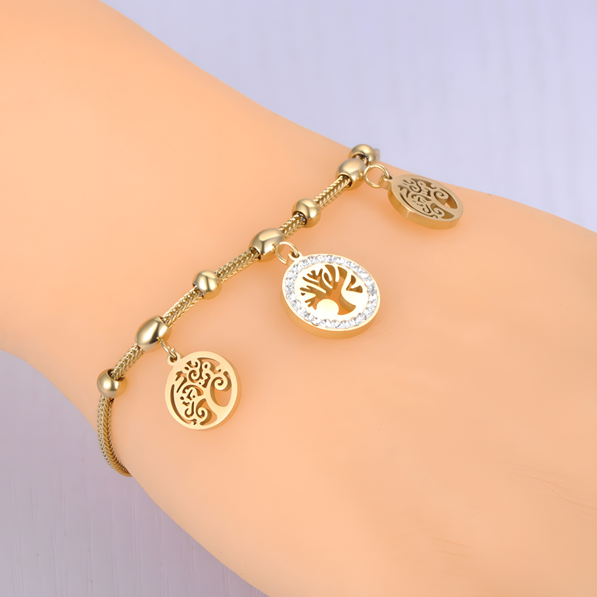 Stainless Steel Gold Plated Tree of Life Charm Bracelet Women-Rhinestone 1136