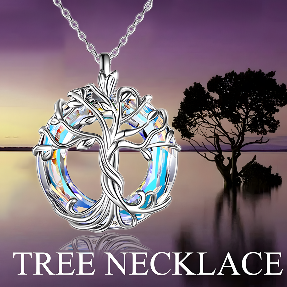 Silver Celtic Tree of Life Necklace with Dazzling Crystal Family & Harmony B78