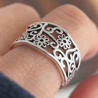 925 Sterling Silver Floral Adjustable Ring, Wide Openwork Flower Statement 1883