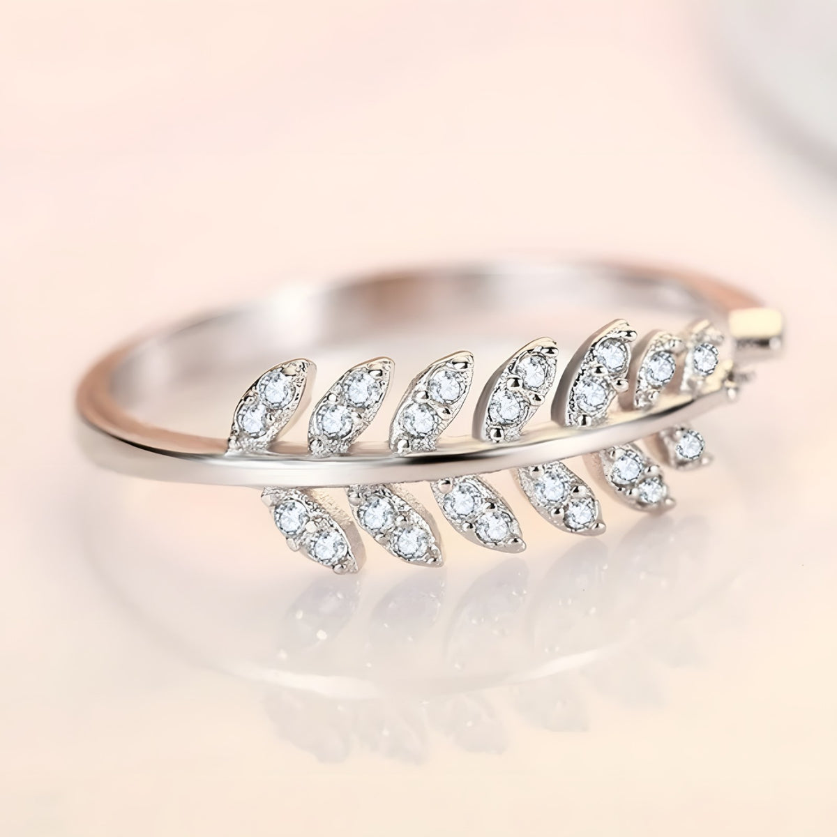 925 Sterling Silver Leaf Ring, Adjustable Open Band CZ Stone Nature Inspired 377