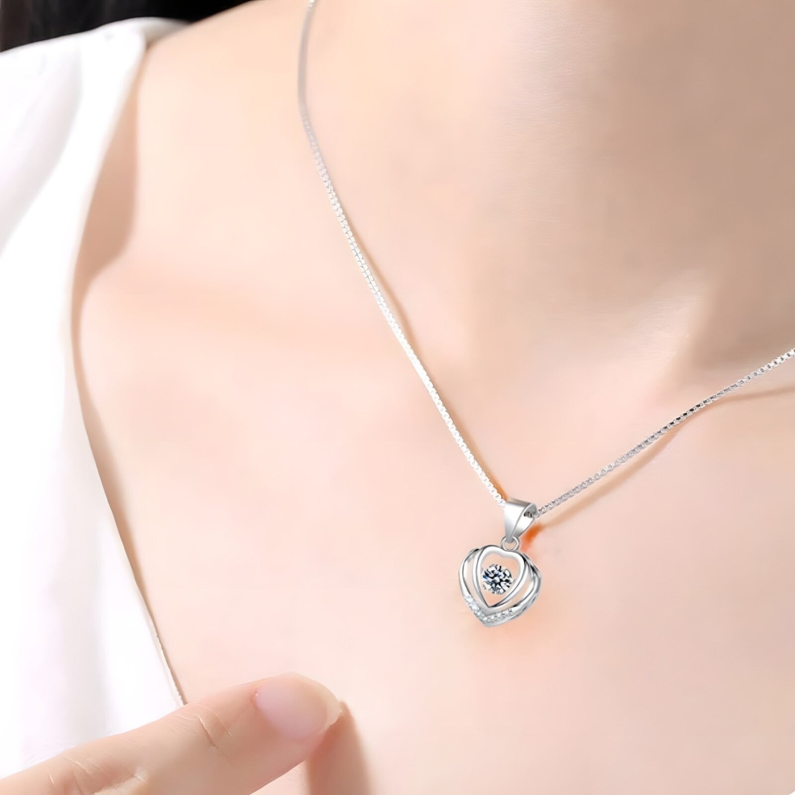 925 Sterling Silver Double Heart Necklace-Dazzling Dancing Zircon,Adjustable 270