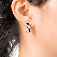 Modern Female Hoop Earrings: Black/White CZ X-Cross Two-Tone Design, 2cm 654