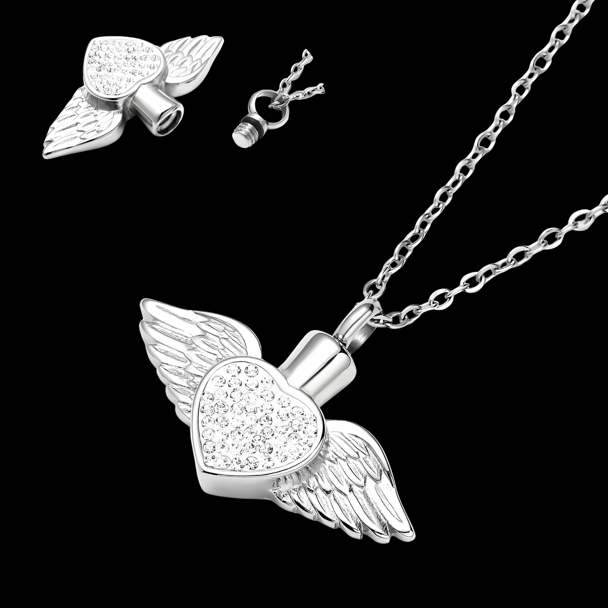 Angel Wing Heart Urn Necklace Ashes – Rhinestone Memorial Pendant,Cremation 1231