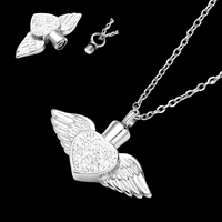Angel Wing Heart Urn Necklace Ashes – Rhinestone Memorial Pendant,Cremation 1231
