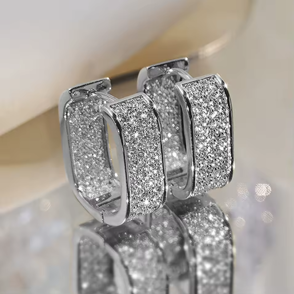 Silver Plated Pavé Hoop Earrings 18mm x 8mm Micro Inlay Round Brilliant 1366