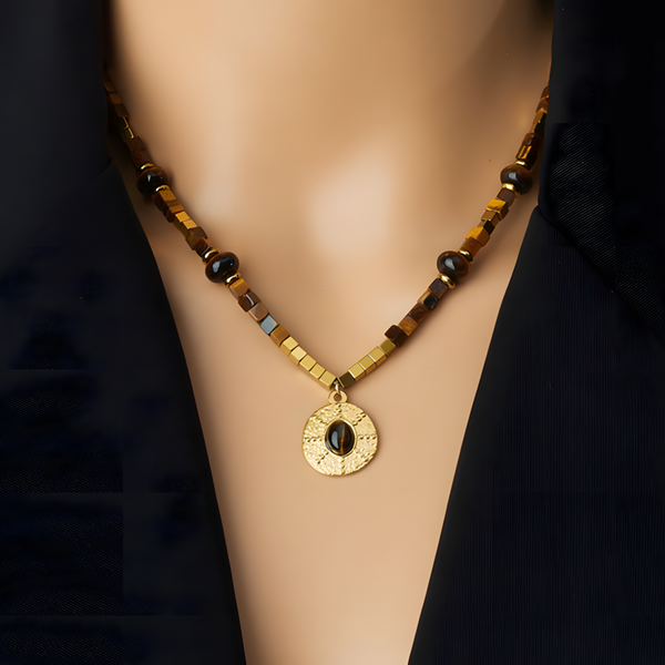 316L Gold Tone Tiger Eye Beaded Pendant Necklace Women Round Charm 1708