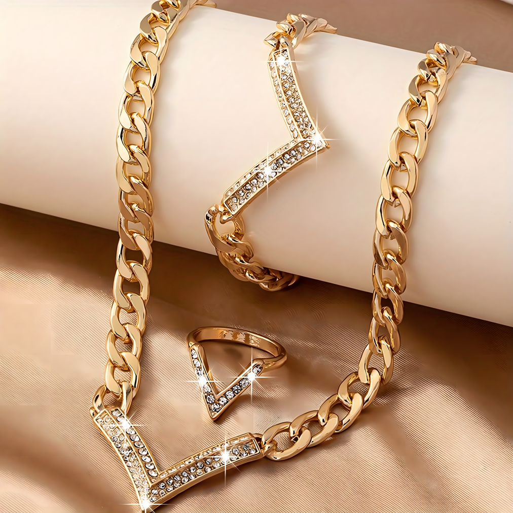 3 PCS Gold V-Shape Rhinestone Jewelry Set Women Sparkling Necklace, Bracelet 710