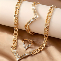 3 PCS Gold V-Shape Rhinestone Jewelry Set Women Sparkling Necklace, Bracelet 710