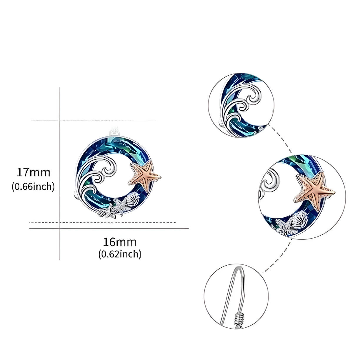 Exquisite Starfish and Shell Pendant Necklace, Blue Crystal Circle Seaside b148