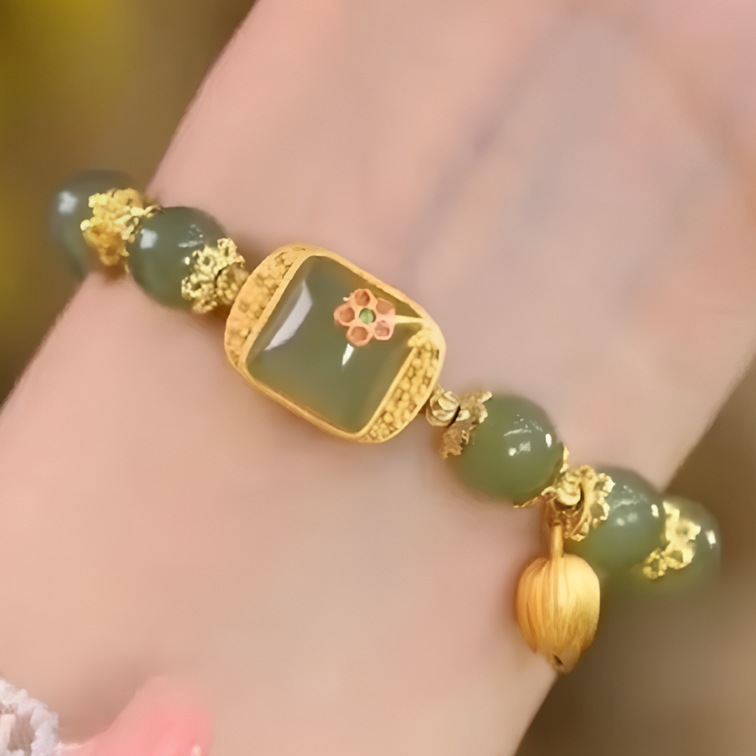 Green Beaded Bracelet, Gold Colour Square Centre Charm Lotus Drop Statement 1800