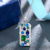 Silver Box Chain Pendant Necklace Women – Blue & Green Cubic Zirconia Rectan 668